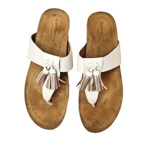 Comfortiva GELLA White Gold Leather Low‎ Heel Thong Sandals Women’s Size 10M